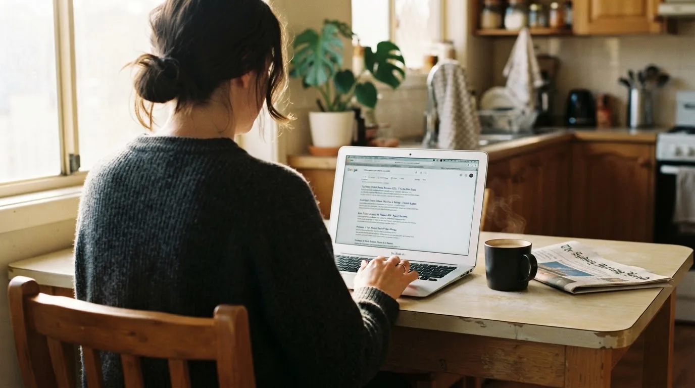 A person sits at a kitchen table, scrolling a laptop showing a general search results page about a review of a pokies site.