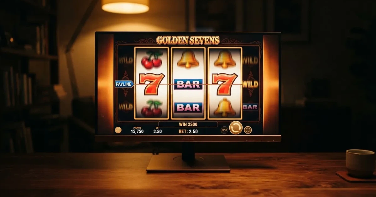 A close-up of a slot reel display shown on a monitor, no other windows open.