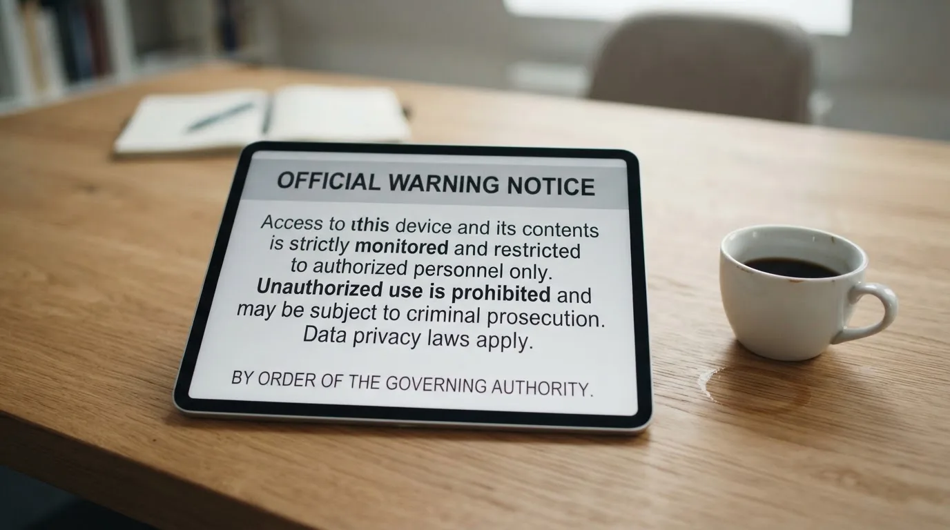 A tablet on a desk displays a plain government-style warning notice page, with a coffee cup beside it.