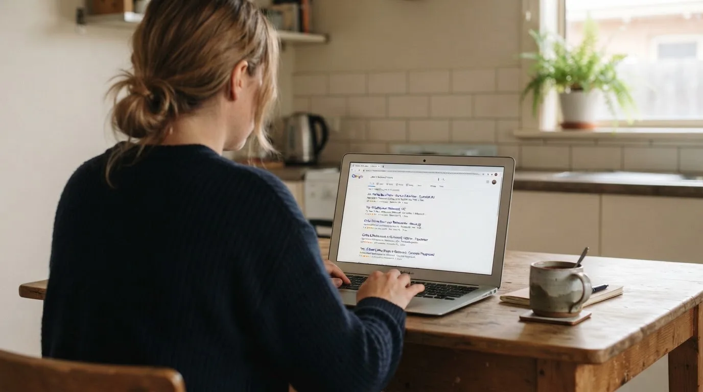 A person sits at a kitchen table, scrolling a laptop showing a general search results page about nearby venues.