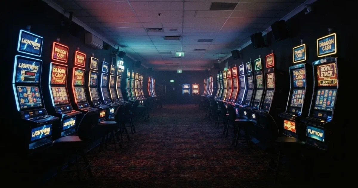 The interior of an Australian pub gaming room with rows of poker machines under dim lighting, no patrons visible.