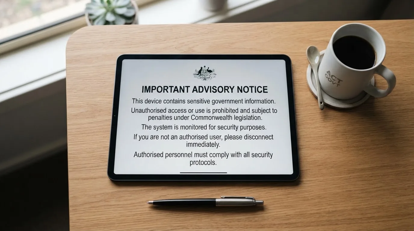 A tablet on a desk displays a plain government-style warning notice page, with a coffee cup beside it.