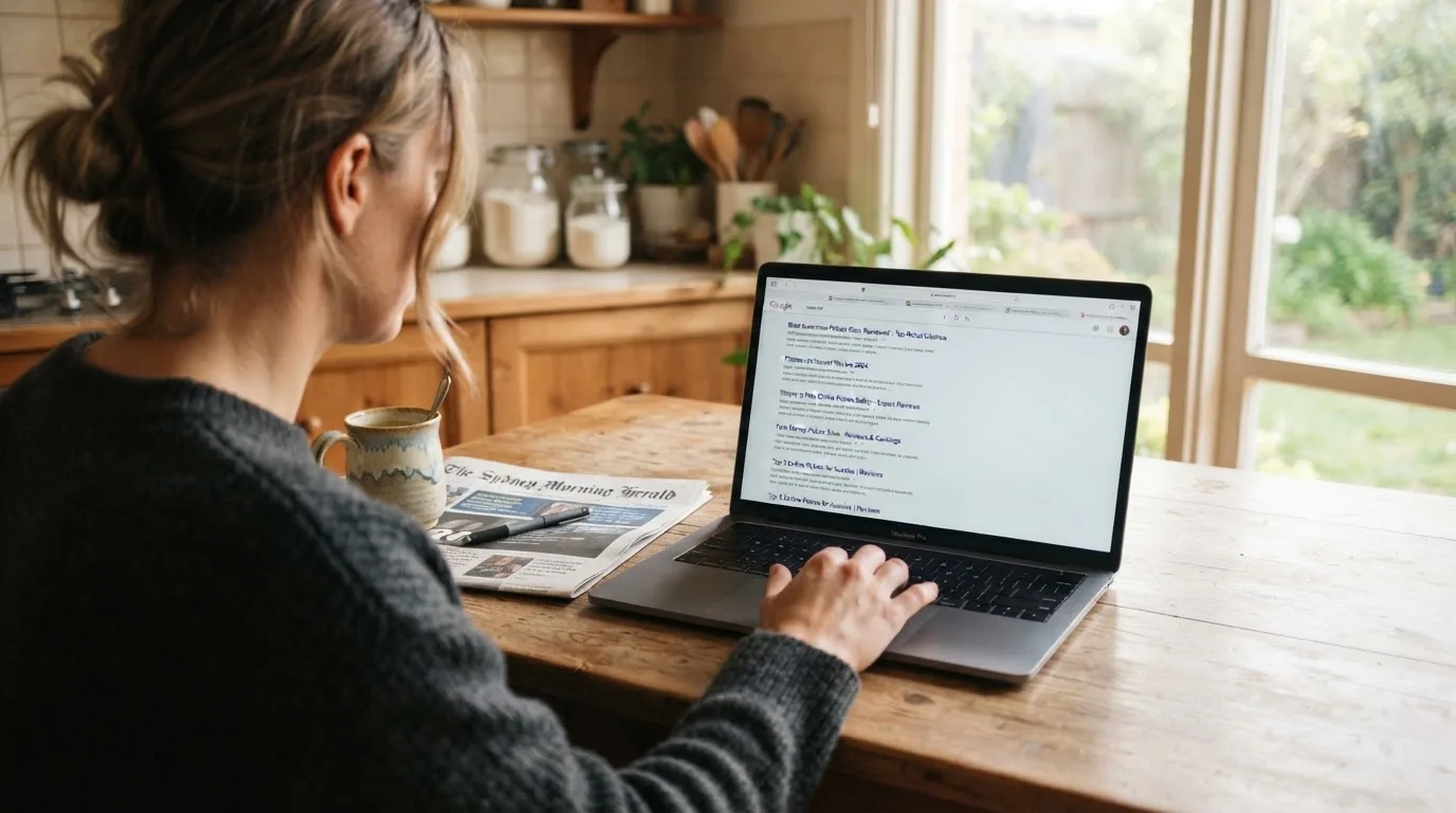 A person sits at a kitchen table, scrolling a laptop showing a general search results page about a review of a pokies site.