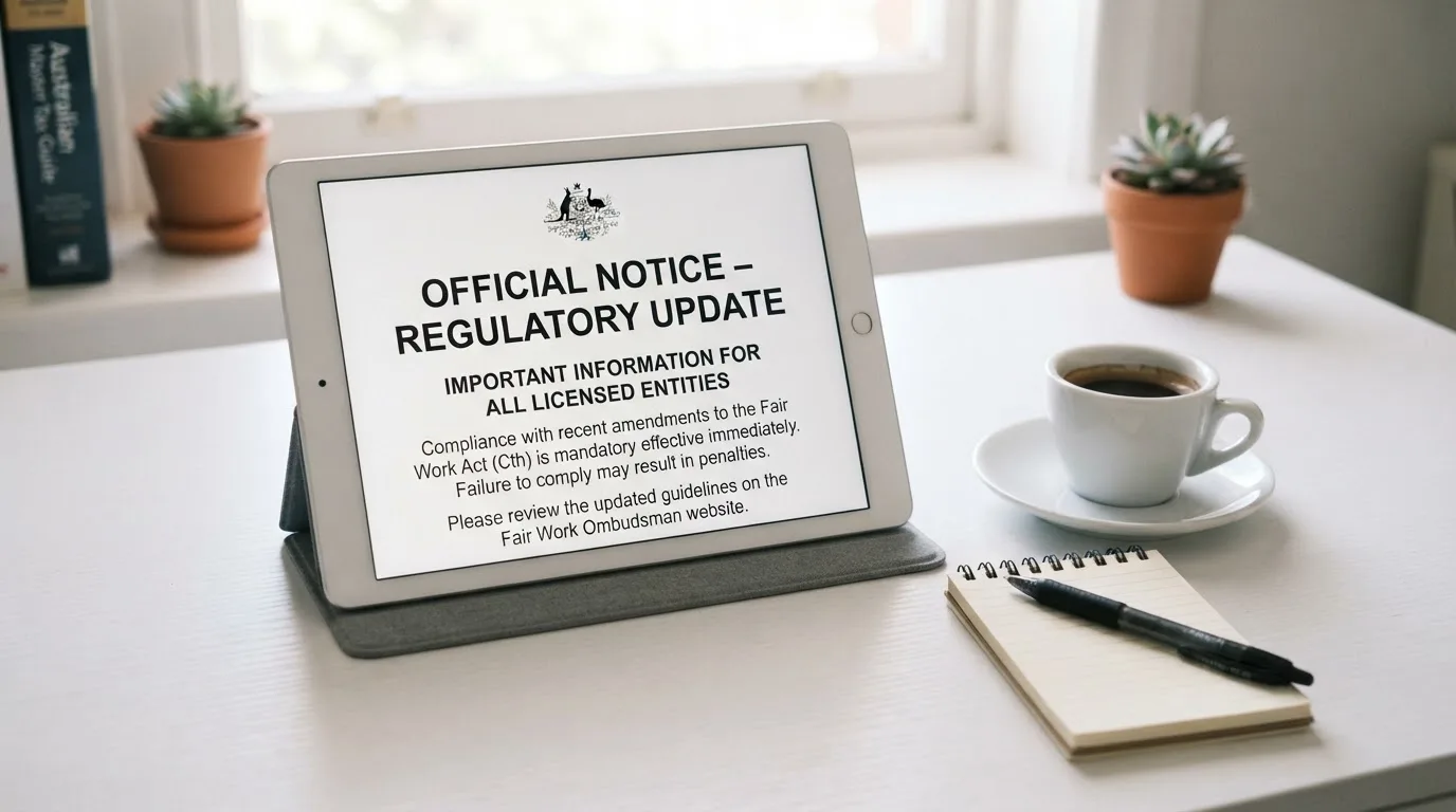 A tablet on a desk displays a plain government-style warning notice page, with a coffee cup beside it.