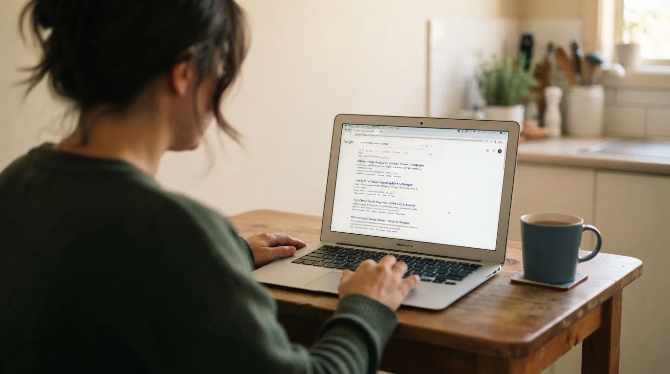 A person sits at a kitchen table, scrolling a laptop showing a general search results page about pokies strategy articles.