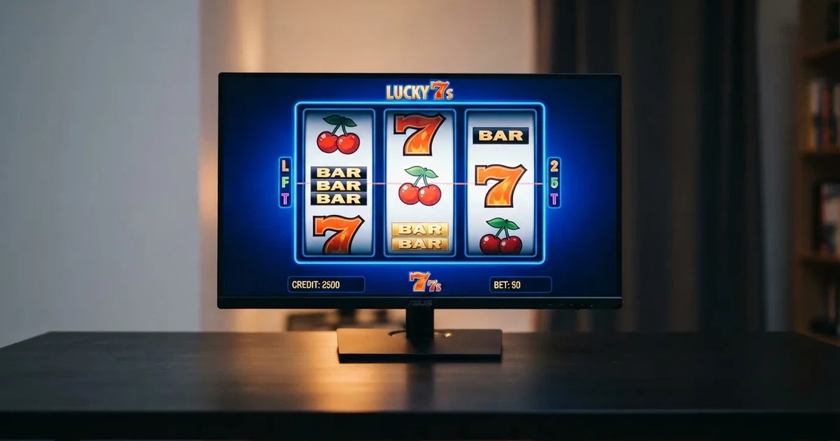 A close-up of a slot reel display shown on a monitor, no other windows open.
