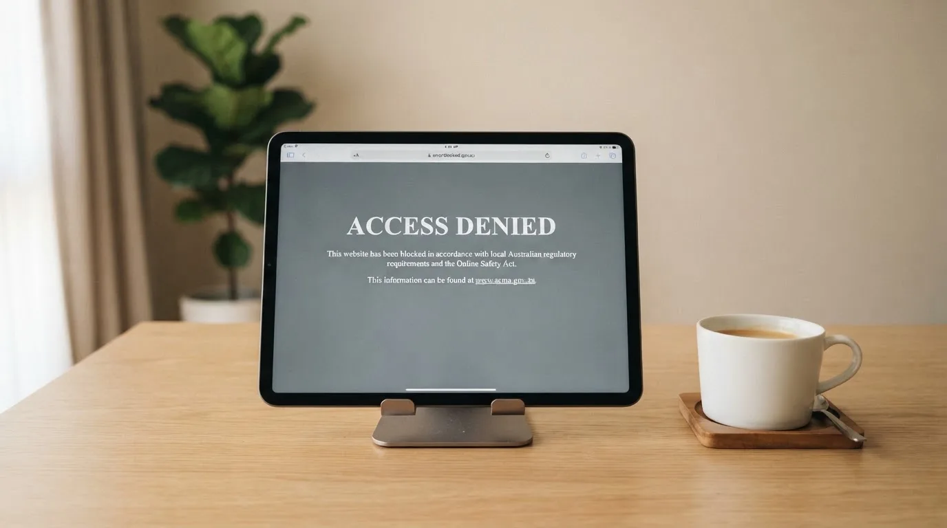 A tablet on a desk displays a plain government-style warning notice page, with a coffee cup beside it.