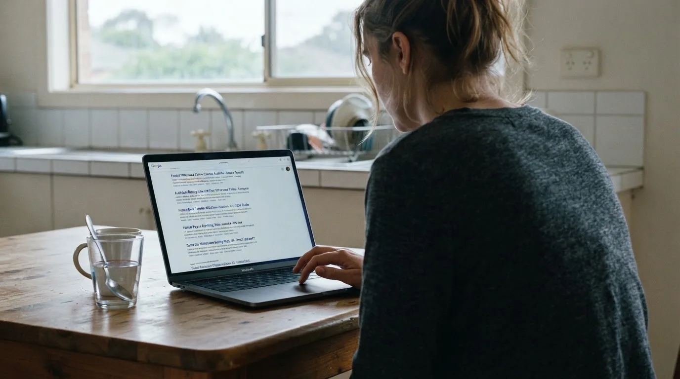 A person sits at a kitchen table, scrolling a laptop showing a general search results page about withdrawal speed claims.