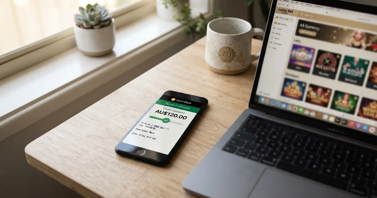 Close-up of a smartphone banking app open beside a laptop on a home desk, mid-transfer.