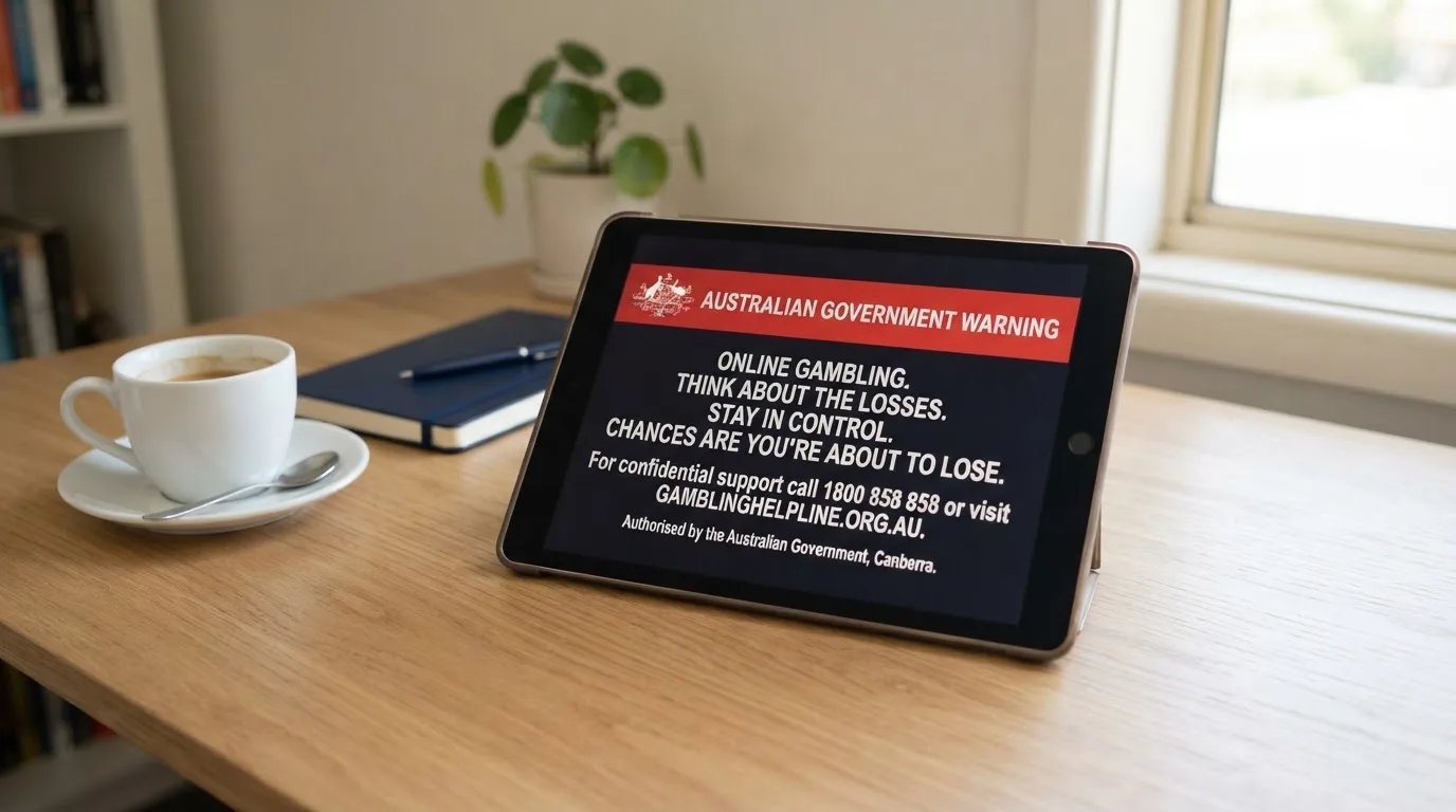 A tablet on a desk displays a plain government-style warning notice page, with a coffee cup beside it.