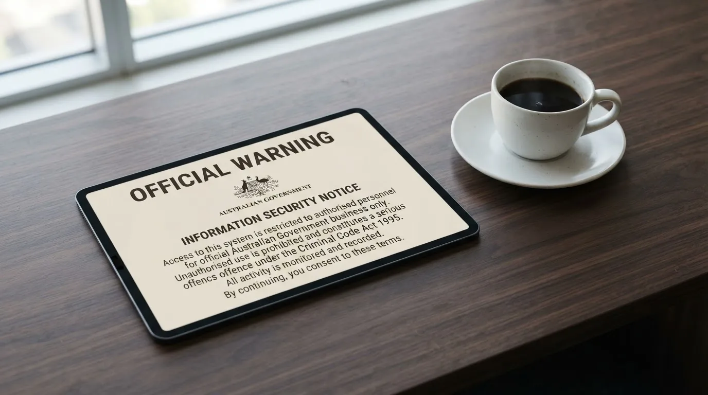 A tablet on a desk displays a plain government-style warning notice page, with a coffee cup beside it.
