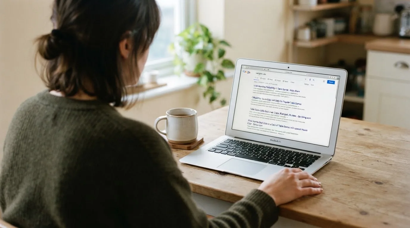 A person sits at a kitchen table, scrolling a laptop showing a general search results page about table game odds.