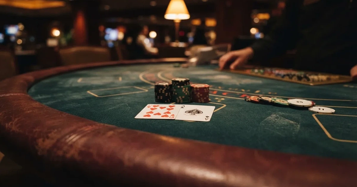 A close-up of a blackjack table felt with cards and chips laid out, no dealer or players visible.