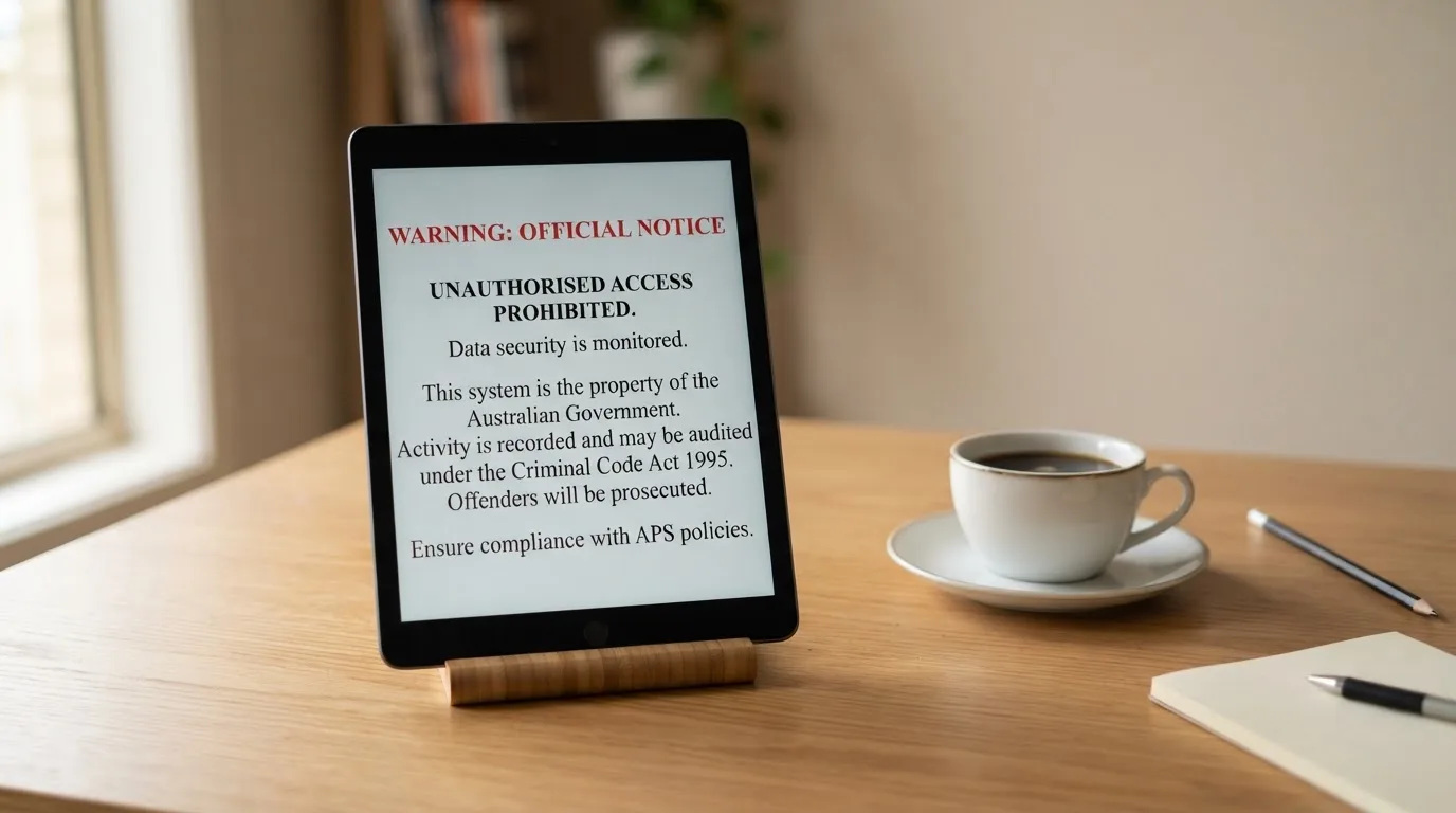 A tablet on a desk displays a plain government-style warning notice page, with a coffee cup beside it.