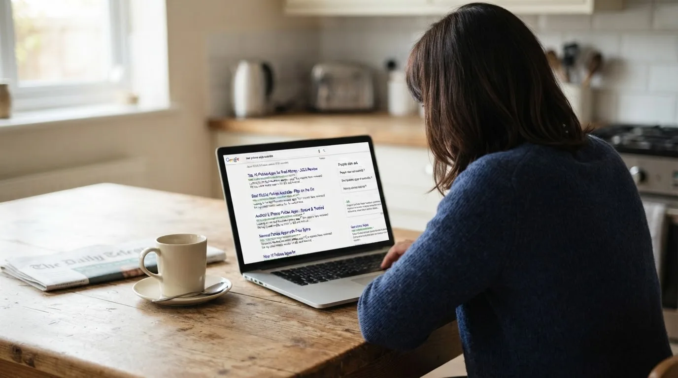 A person sits at a kitchen table, scrolling a laptop showing a general search results page about pokies apps.