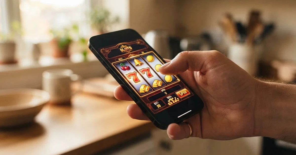 A hand holds a smartphone with an app icon grid visible on the home screen, thumb hovering over the display.