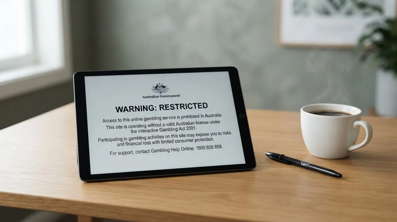 A tablet on a desk displays a plain government-style warning notice page, with a coffee cup beside it.