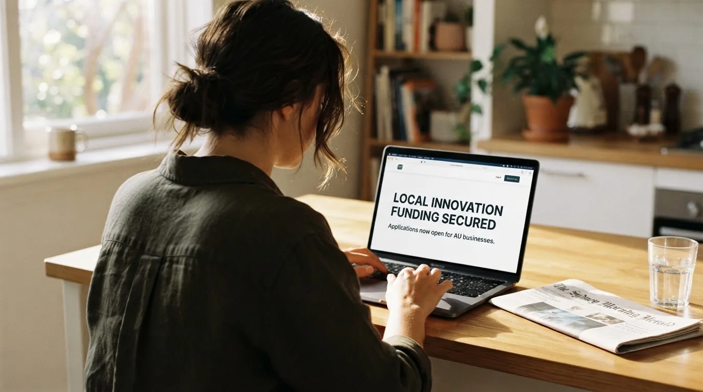 A person sits at a kitchen table, scrolling a laptop showing a general search results page about pokies apps.
