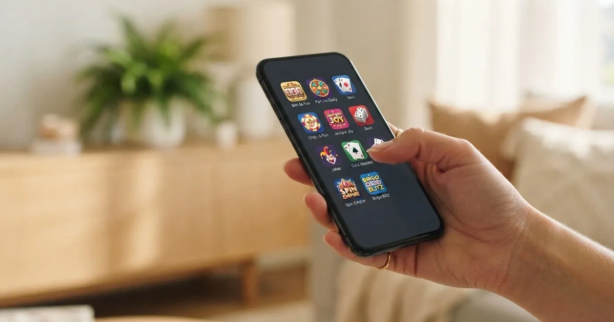 A hand holds a smartphone with an app icon grid visible on the home screen, thumb hovering over the display.