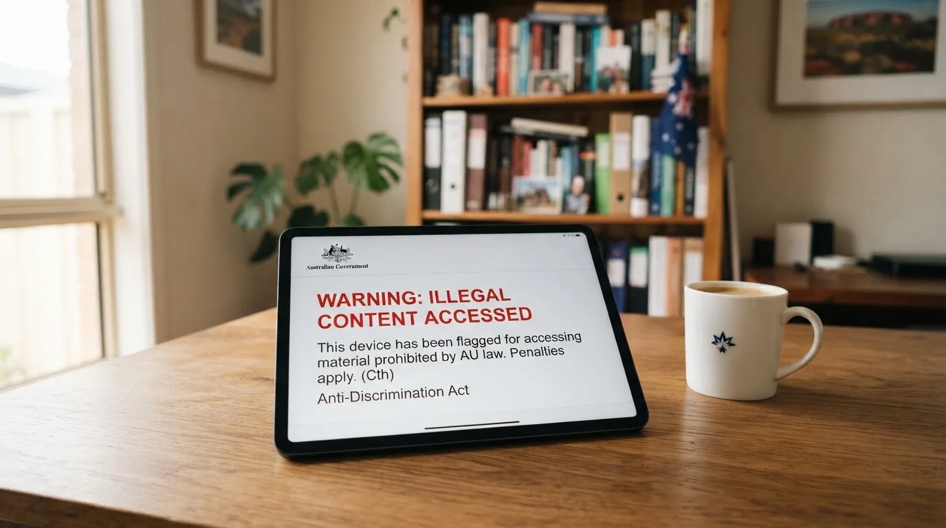 A tablet on a desk displays a plain government-style warning notice page, with a coffee cup beside it.