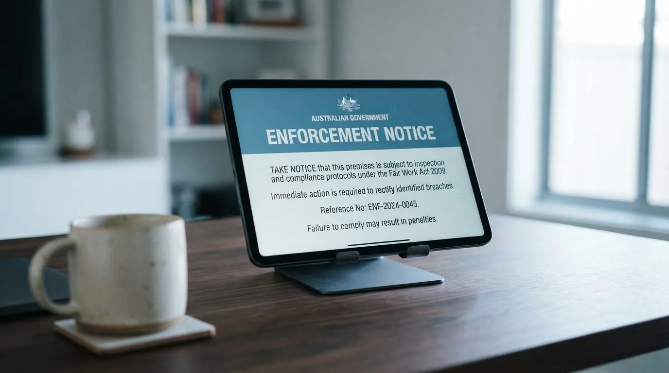 A tablet on a desk displays a plain government-style enforcement notice page, with a coffee cup beside it.