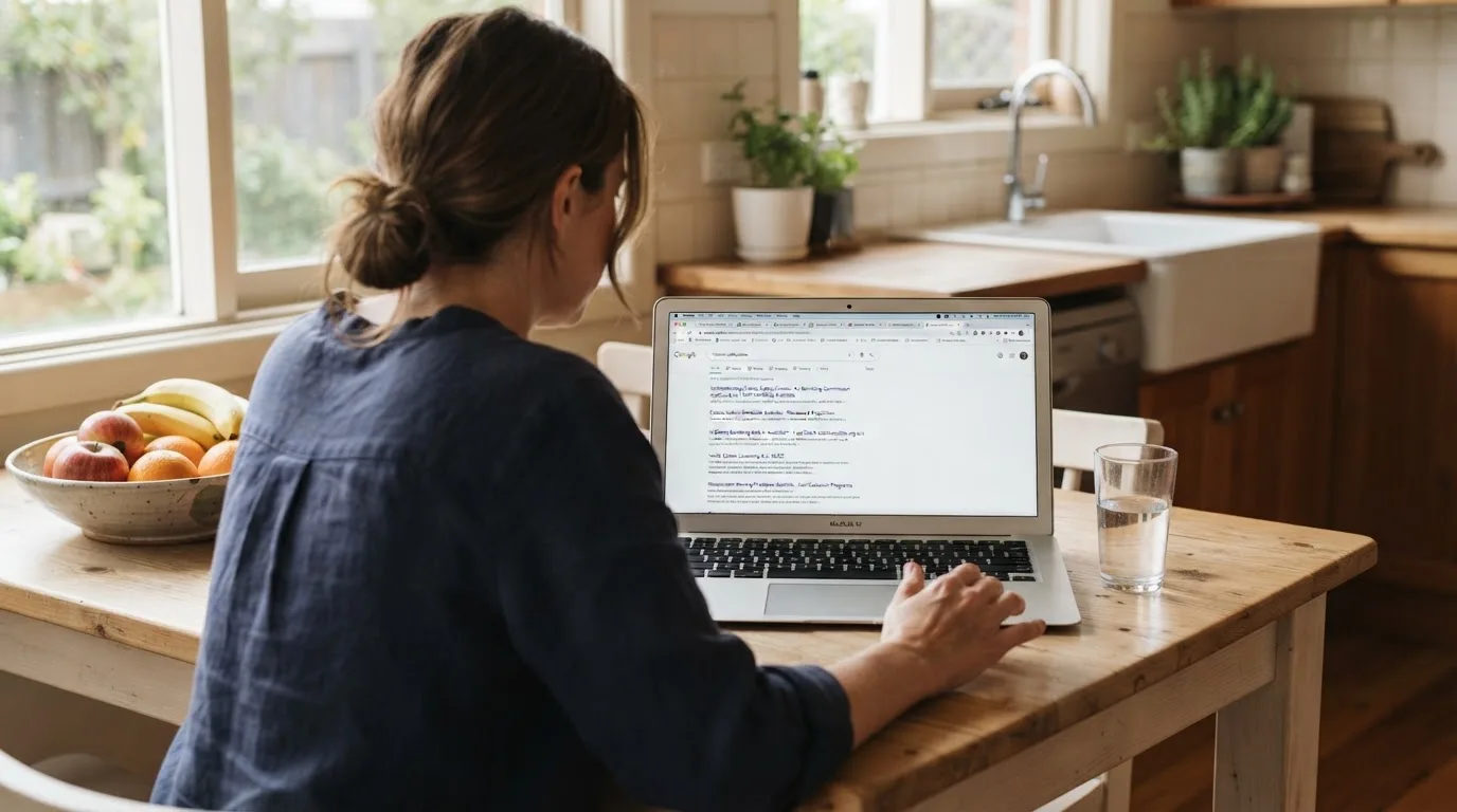 A person sits at a kitchen table, scrolling a laptop showing a general search results page about casino safety claims.