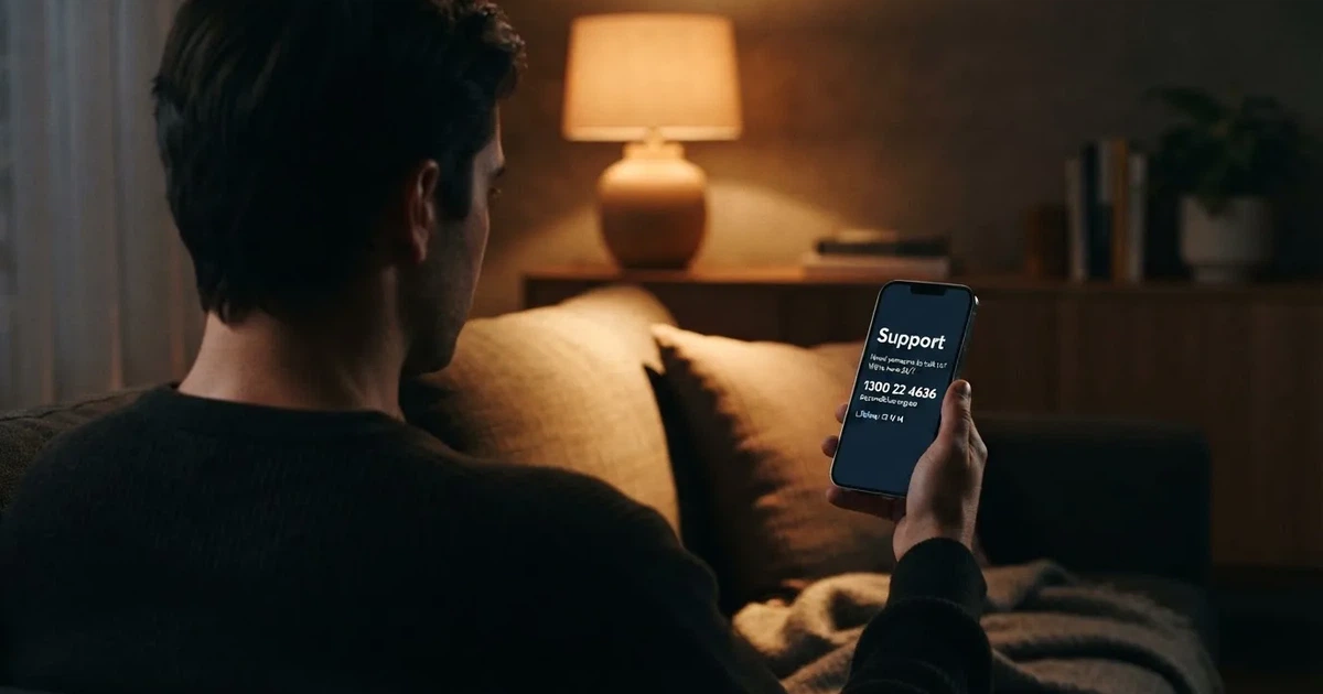A person looks at a support-helpline page on a phone while sitting alone on a sofa.