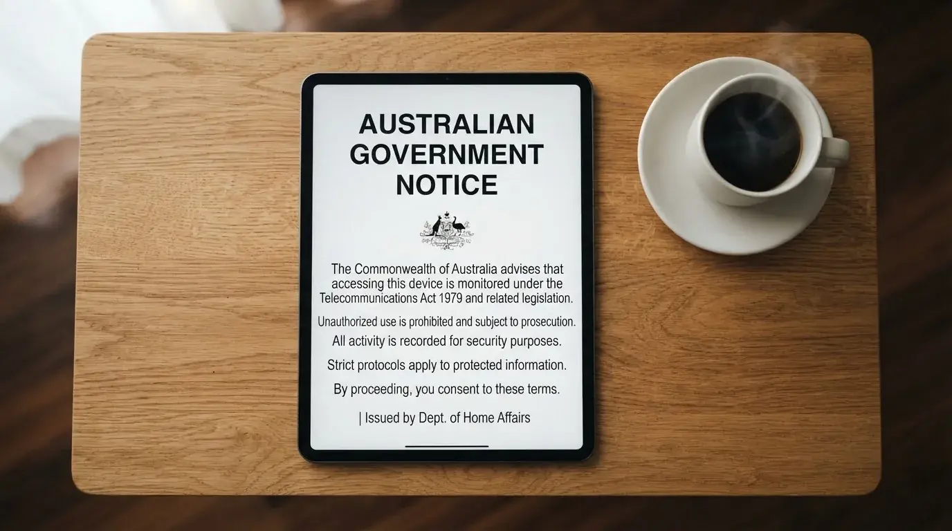 A tablet on a desk displays a plain government-style warning notice page, with a coffee cup beside it.