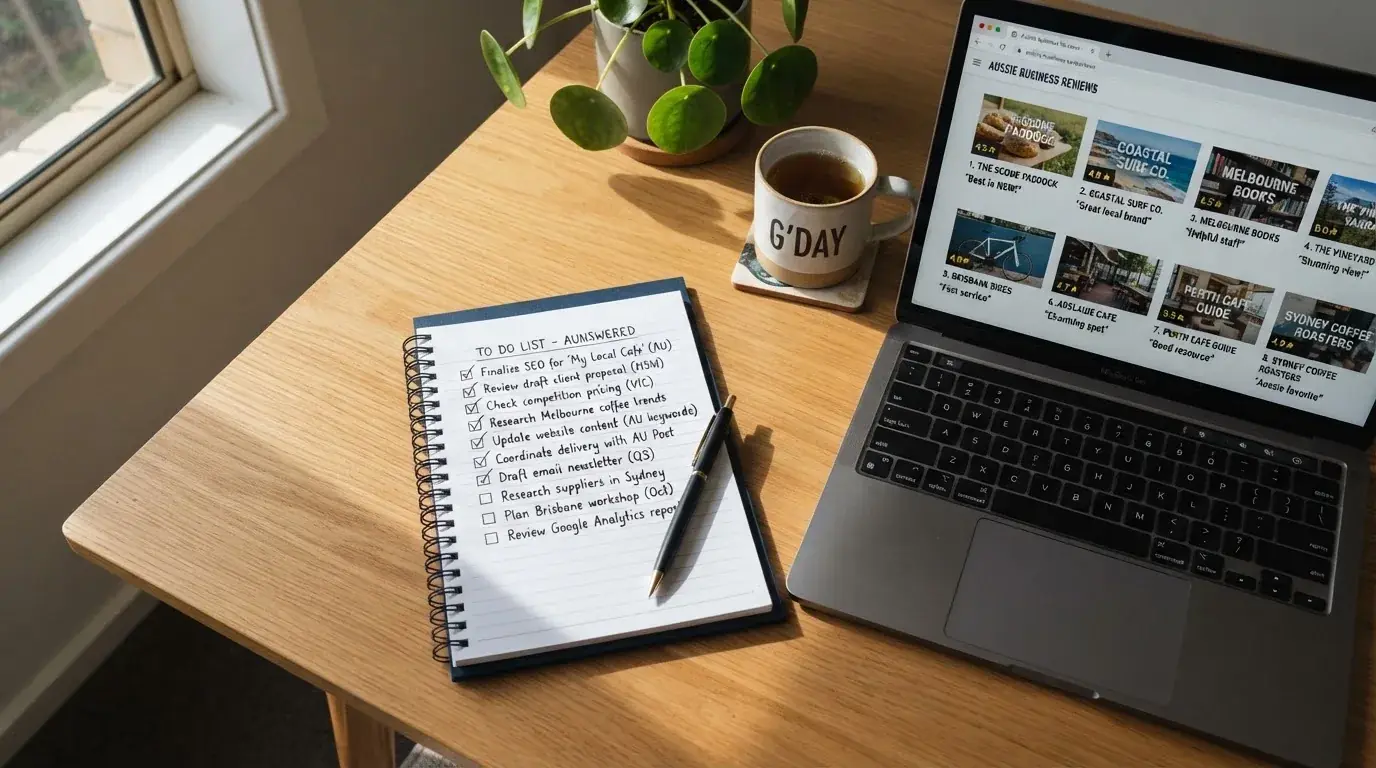 A notepad with a handwritten checklist sits next to an open laptop showing several site reviews.