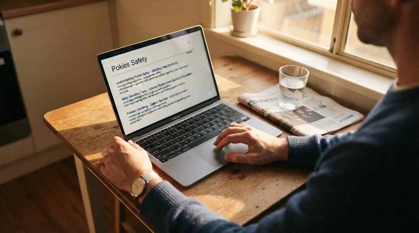A person sits at a kitchen table, scrolling a laptop showing a general search results page about pokies safety claims.