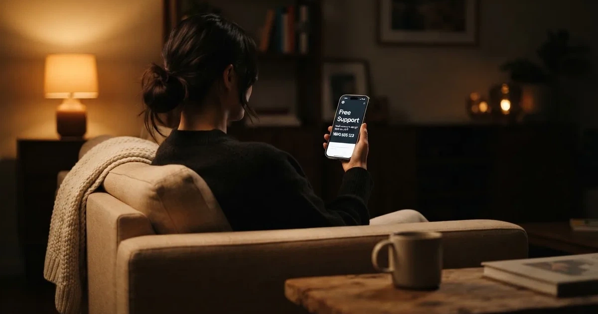 A person looks at a support-helpline page on a phone while sitting alone on a sofa.