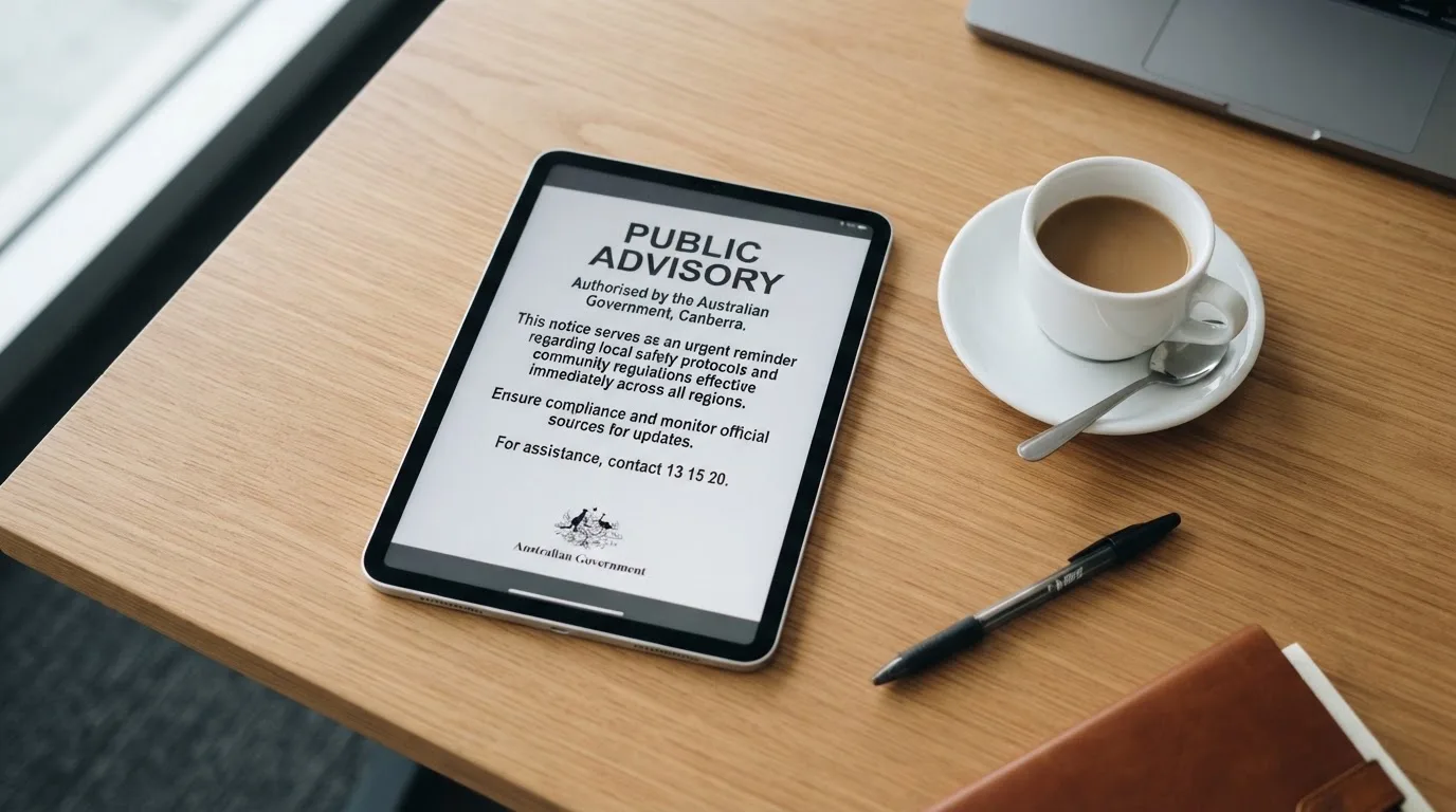 A tablet on a desk displays a plain government-style warning notice page, with a coffee cup beside it.