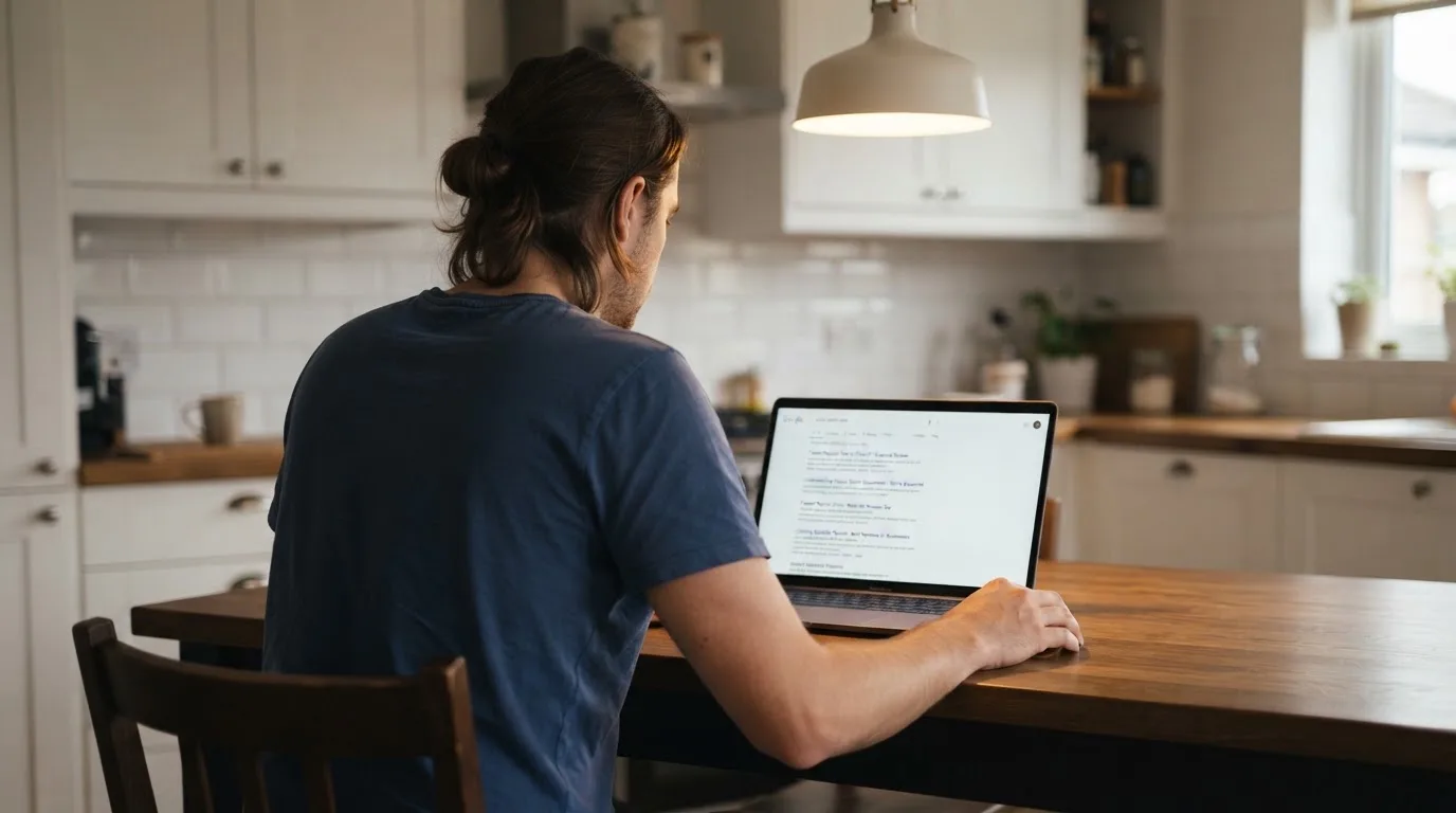 A person sits at a kitchen table, scrolling a laptop showing a general search results page about payout speed claims.