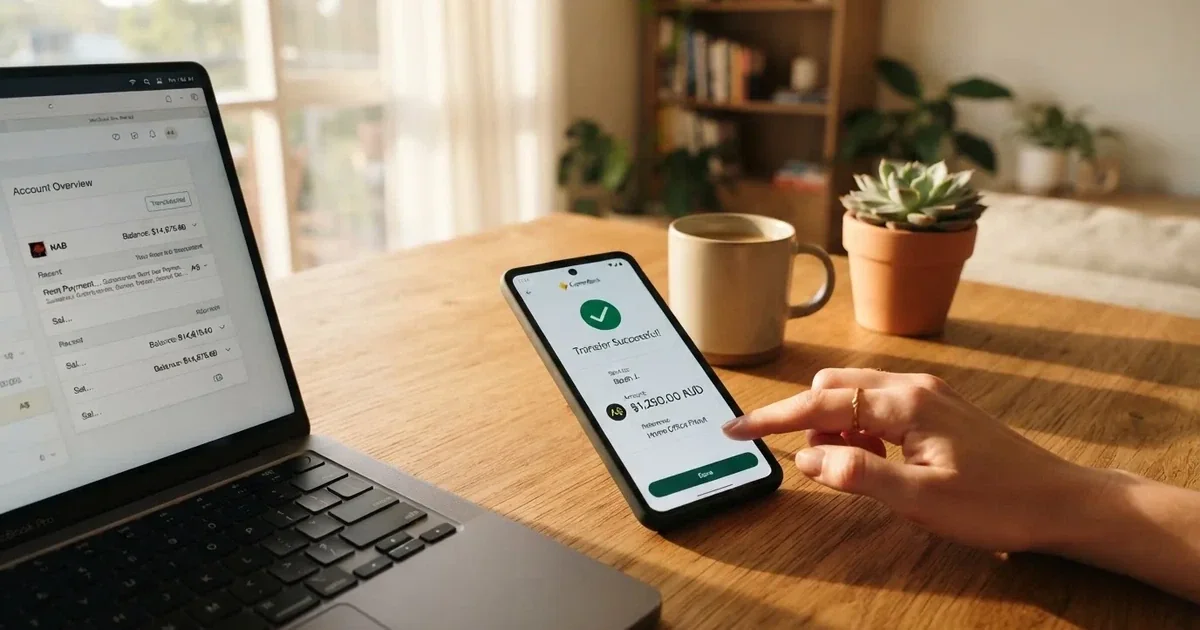 Close-up of a smartphone banking app open beside a laptop on a home desk, mid-transfer.
