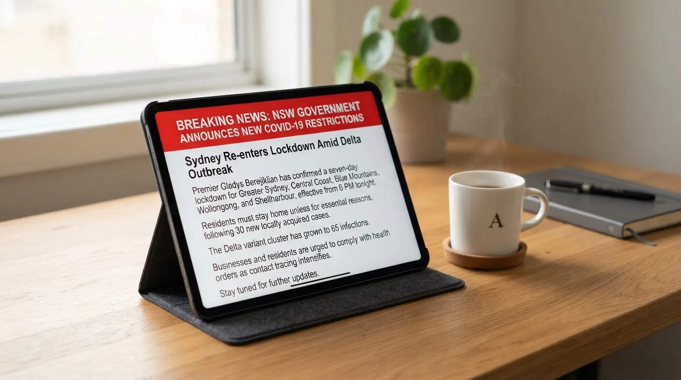 A tablet on a desk displays a plain government-style warning notice page, with a coffee cup beside it.