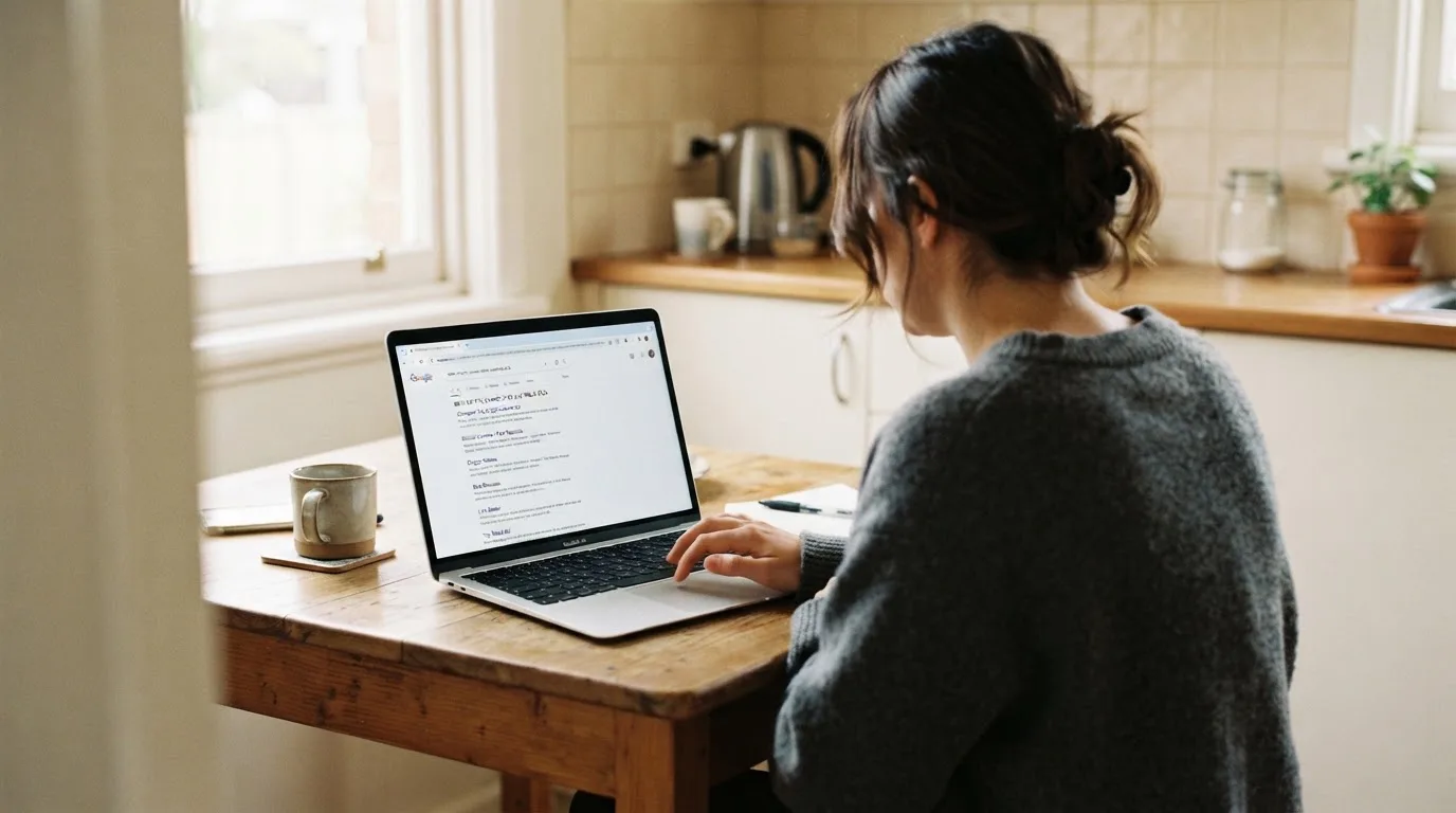 A person sits at a kitchen table, scrolling a laptop showing a general search results page about crypto casino comparisons.