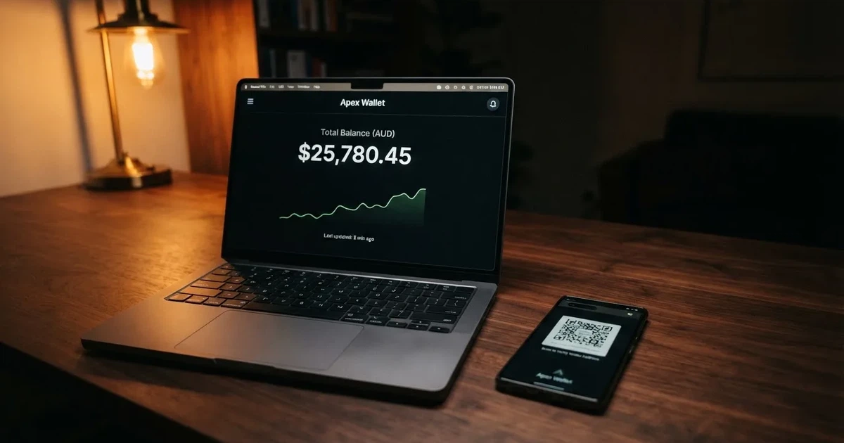 A laptop screen shows a cryptocurrency wallet balance next to a phone displaying a QR code, on a desk at night.