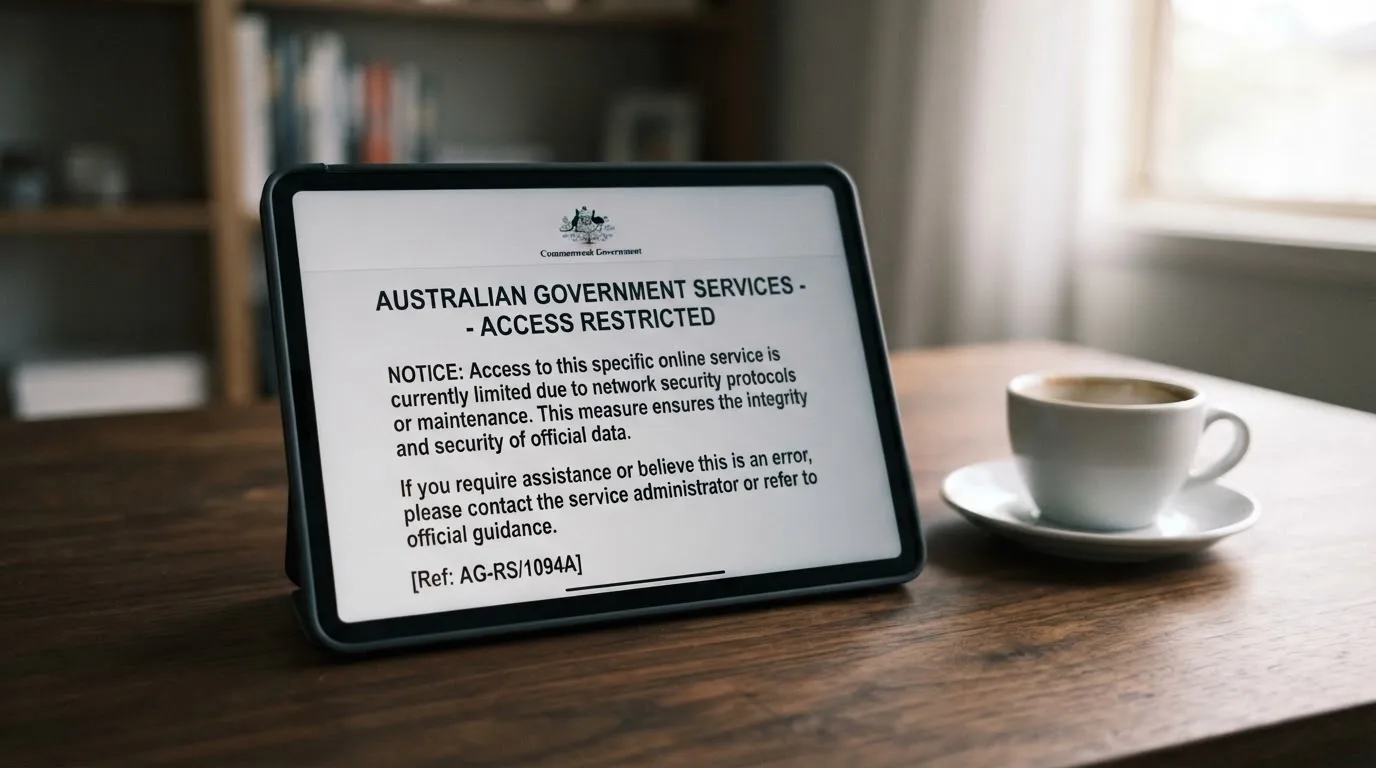 A tablet on a desk displays a plain government-style warning notice page, with a coffee cup beside it.