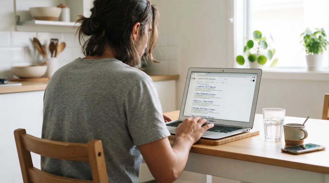 A person sits at a kitchen table, scrolling a laptop showing a general search results page about casino rankings.