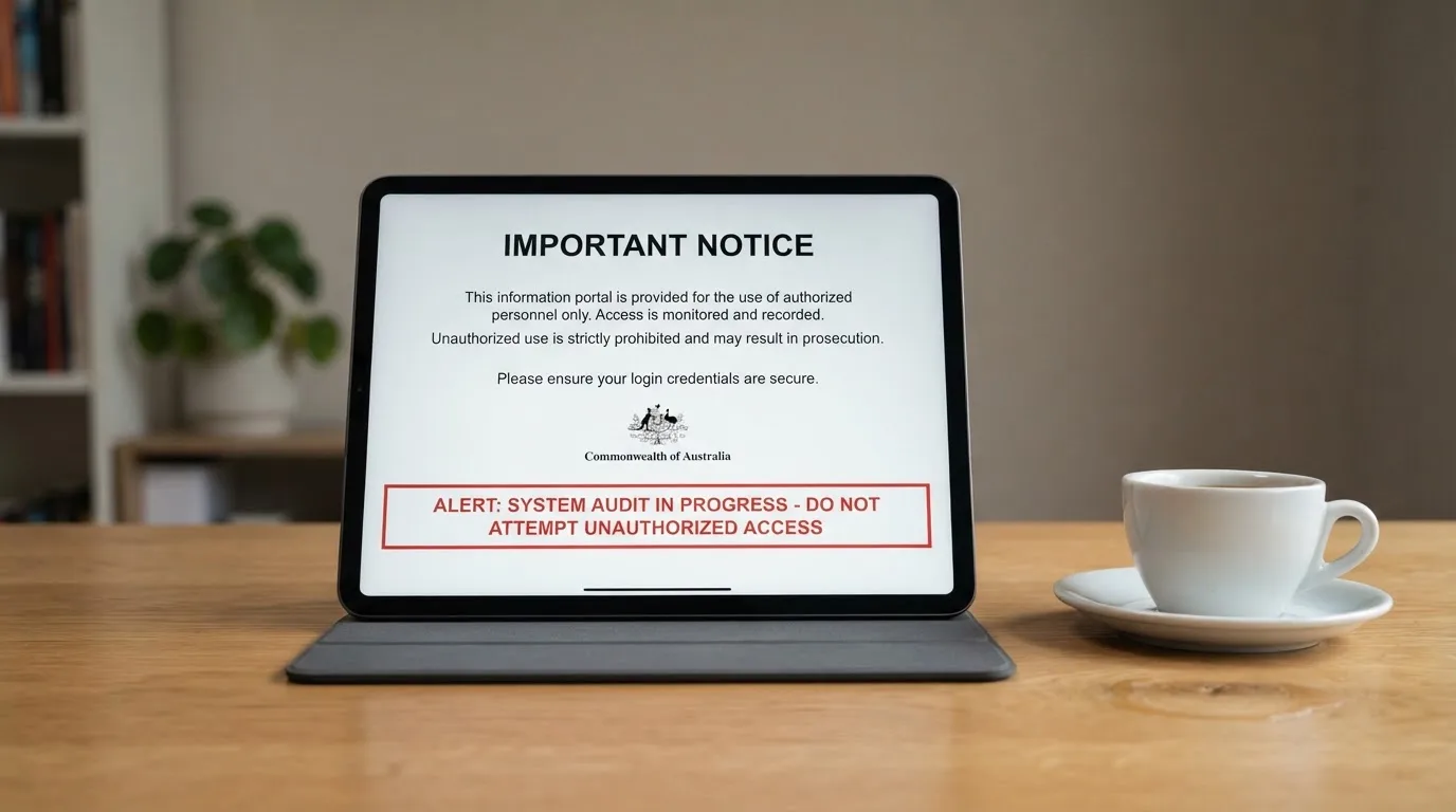 A tablet on a desk displays a plain government-style warning notice page, with a coffee cup beside it.