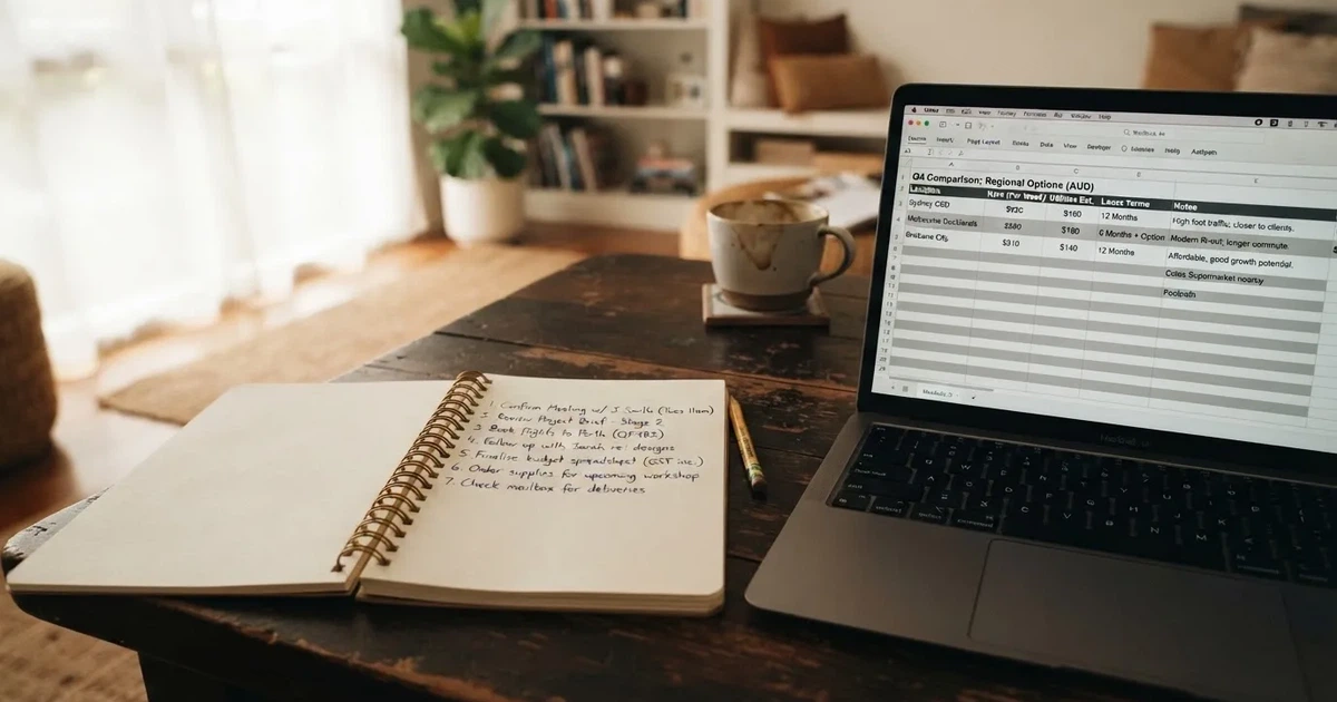 A notepad with a handwritten numbered list sits next to an open laptop showing a comparison table.