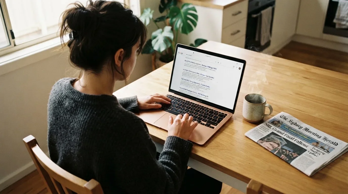 A person sits at a kitchen table, scrolling a laptop showing a general search results page about casino ratings.
