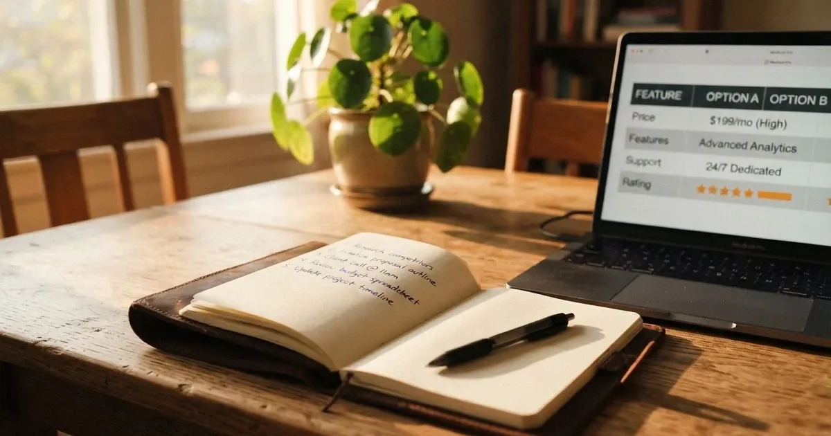 A notepad with a handwritten numbered list sits next to an open laptop showing a comparison table.