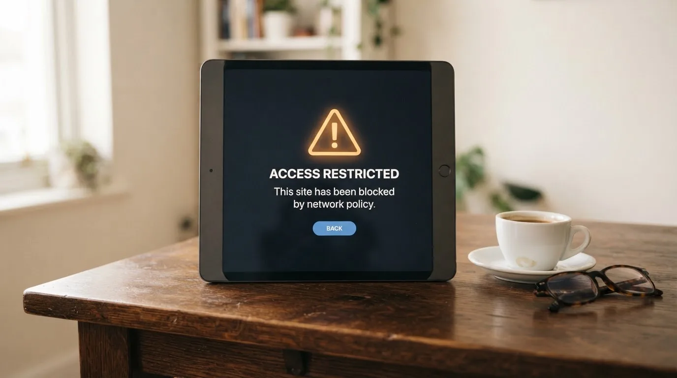 A tablet on a desk displays a plain government-style warning notice page, with a coffee cup beside it.