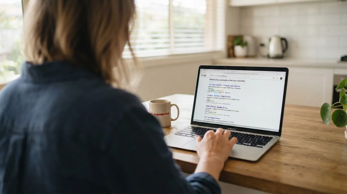 A person sits at a kitchen table, scrolling a laptop showing a general search results page about withdrawal timeframes.