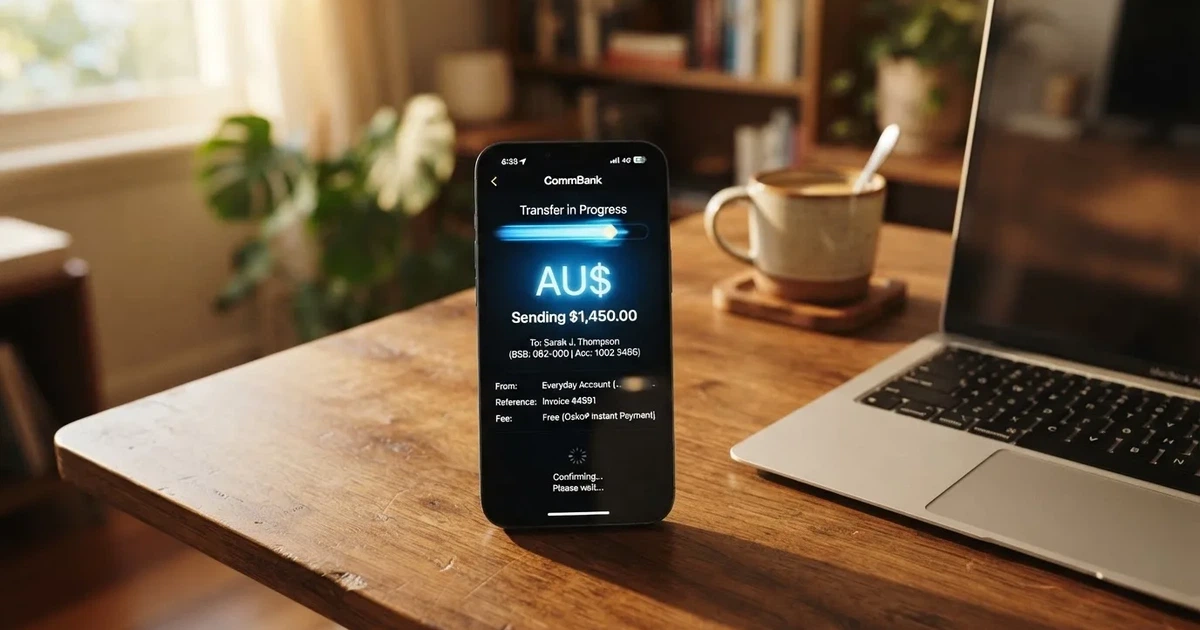 Close-up of a smartphone banking app open beside a laptop on a home desk, mid-transfer.