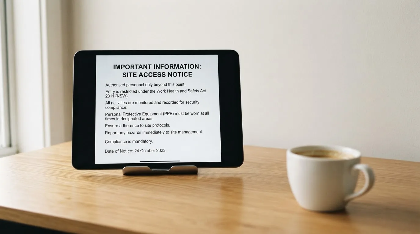 A tablet on a desk displays a plain government-style warning notice page, with a coffee cup beside it.