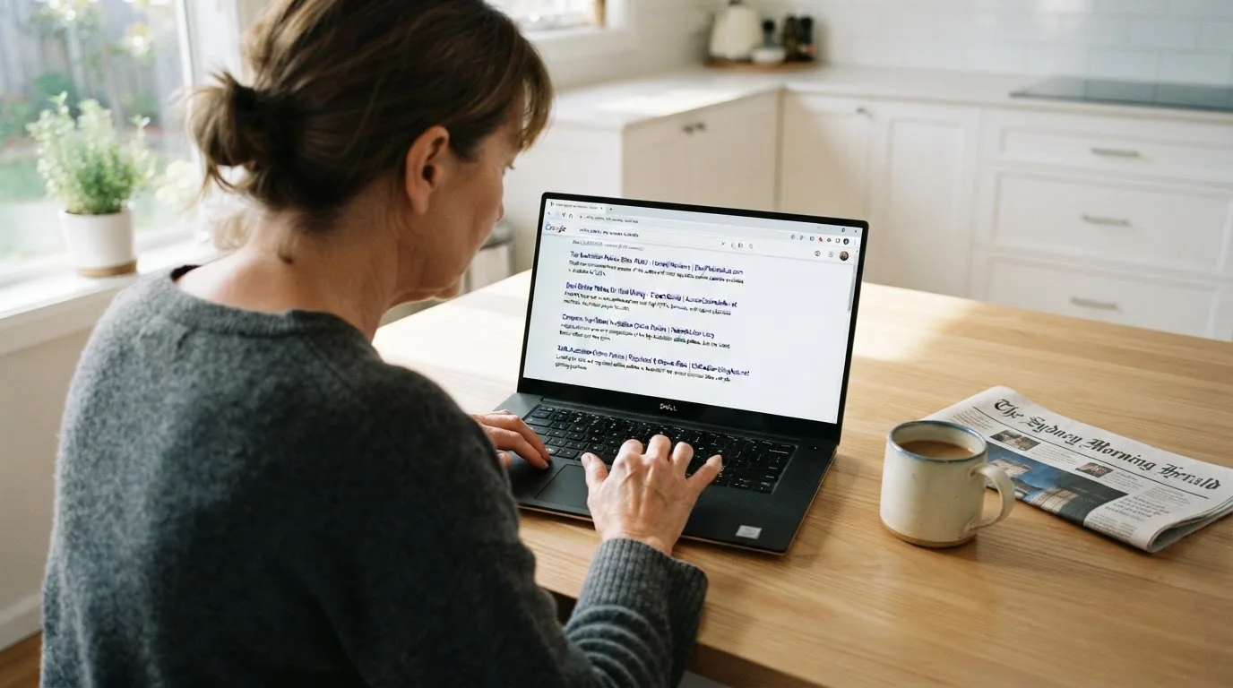A person sits at a kitchen table, scrolling a laptop showing a general search results page about a review of a pokies site.