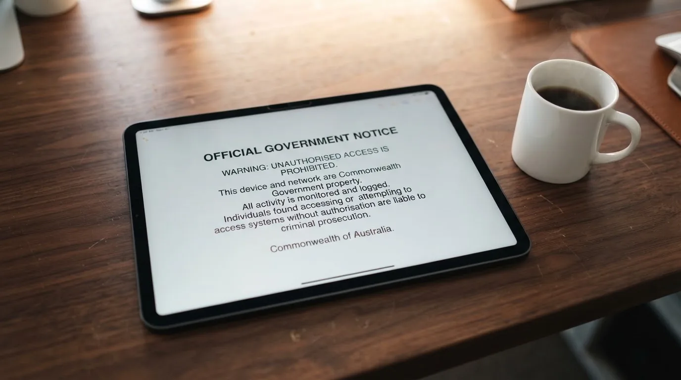 A tablet on a desk displays a plain government-style warning notice page, with a coffee cup beside it.