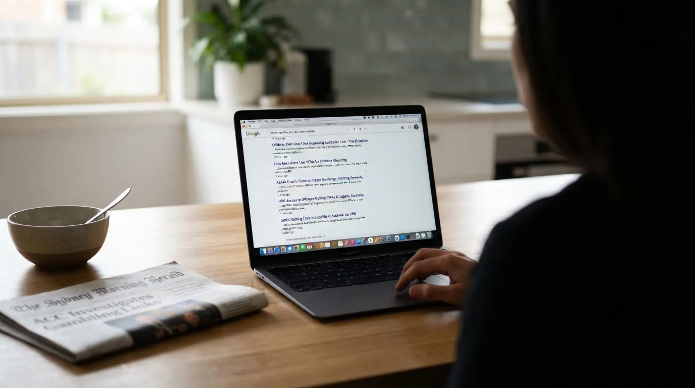 A person sits at a kitchen table, scrolling a laptop showing a general search results page about VPN access claims.